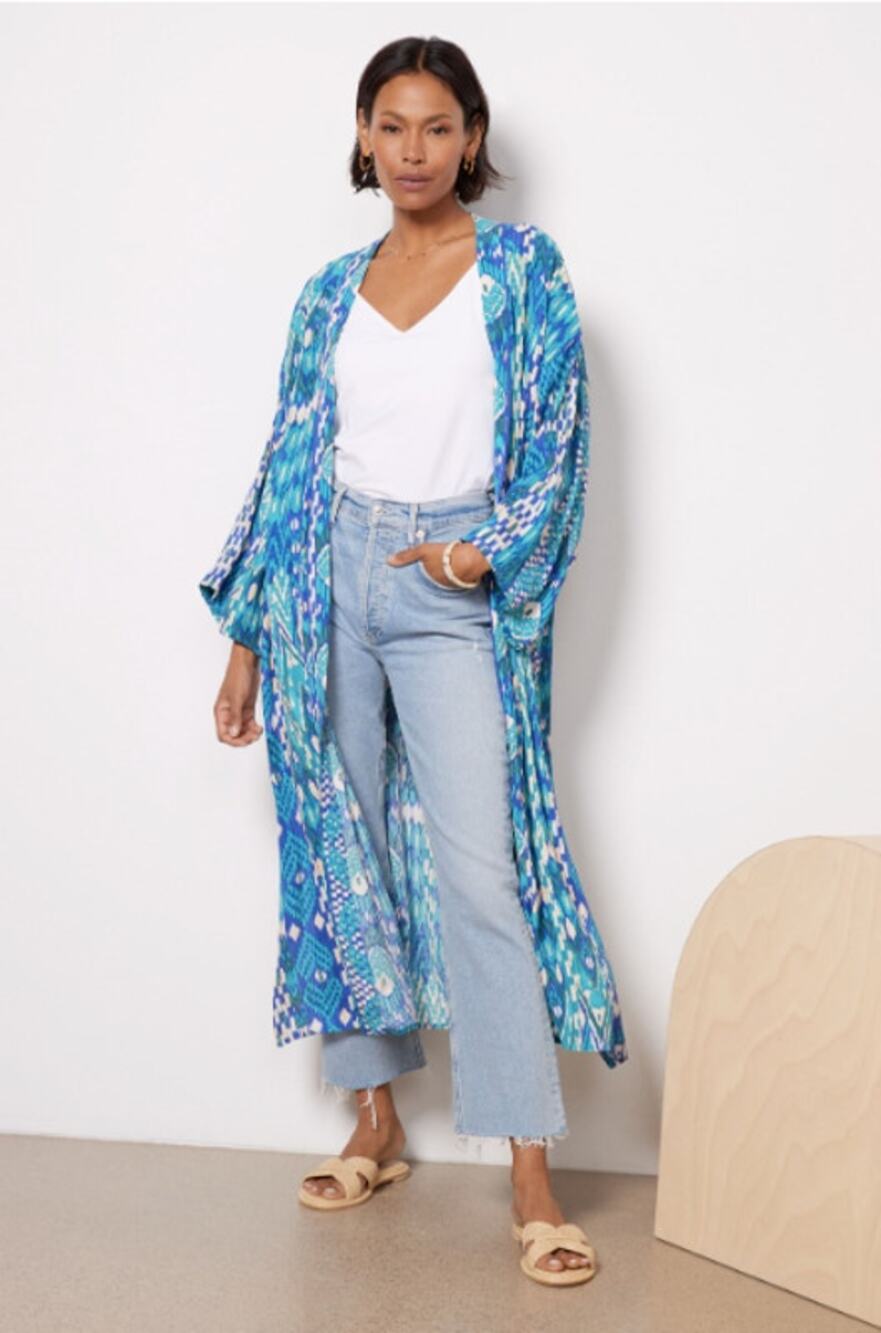 EVEREVE NWT Sienna Blue Teal Wrap Duster Kimono Swim Cover Up Top  // M/L